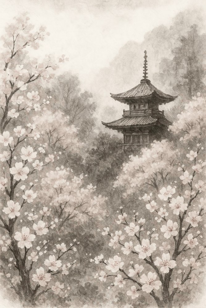 Japanese Pagoda Cherry Blossoms by Natalie Bruns