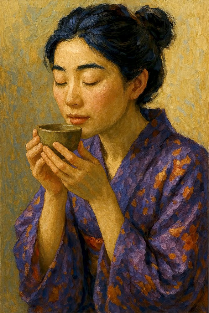 Japanese Woman Savoring Tea by Natalie Bruns