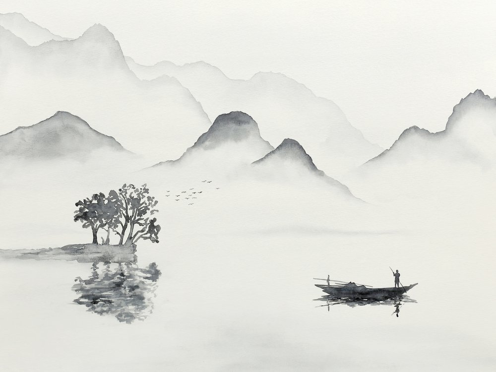Serene Mountain Lake Boat by Natalie Bruns
