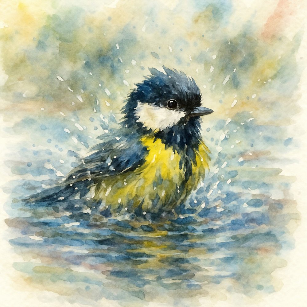 Splashing Blue Tit Watercolor by Natalie Bruns