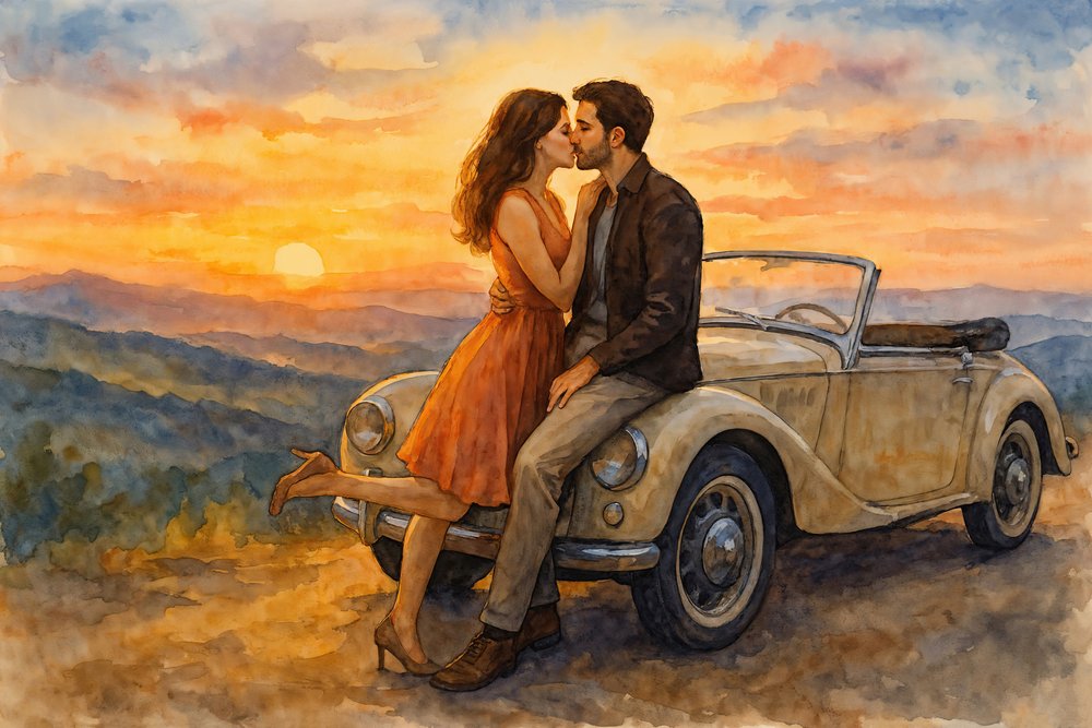 Vintage Car Sunset Kiss by Natalie Bruns