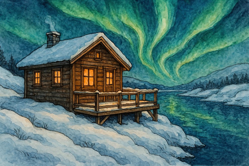 Winter Cabin Northern Lights by Natalie Bruns