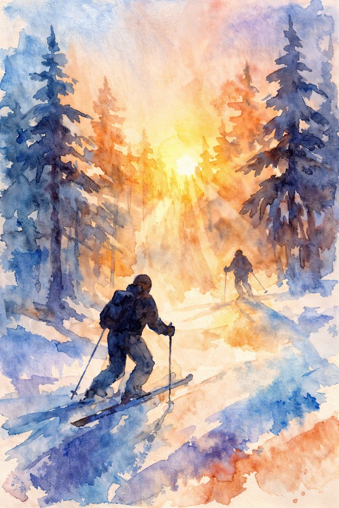 Winter Skiers Sunrise by Natalie Bruns