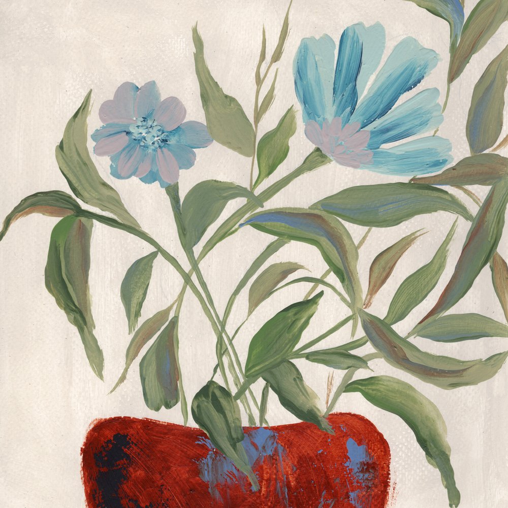 Blue Flowers Red Pot by Nikita Jariwala