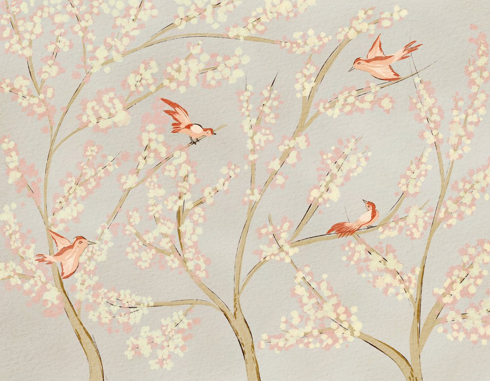 Pink Birds Spring Blossoms by Nikita Jariwala
