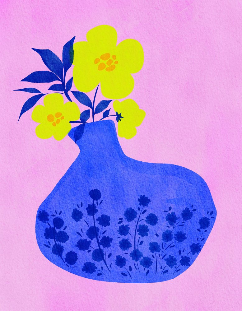 Vibrant Blooms Blue Vase by Nikita Jariwala