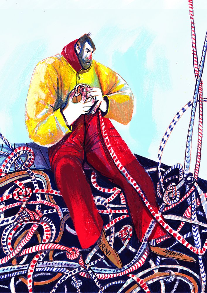 Focused Sailor Untangling Ropes by Olga Skomorokhova