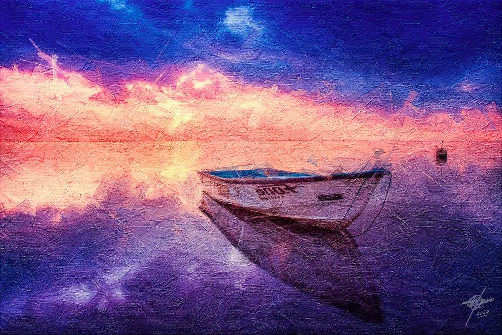 Serene Sunset Boat Reflection by Osvaldo Russo