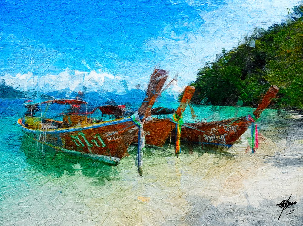 Serene Tropical Beach Boats by Osvaldo Russo