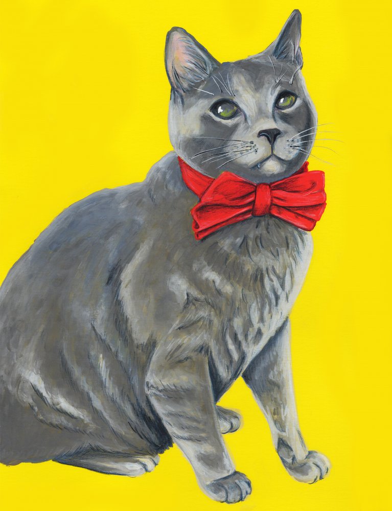 Grey Cat Red Bow Tie by Renee Machan Cottagecore Artist