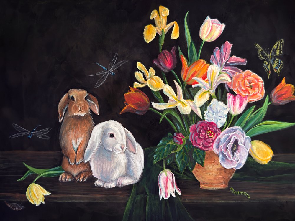 Rabbits and Spring Flowers by Renee Machan Cottagecore Artist