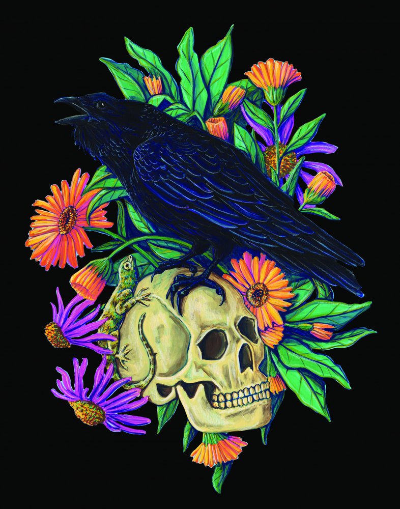 Raven and Skull Bloom by Renee Machan Cottagecore Artist