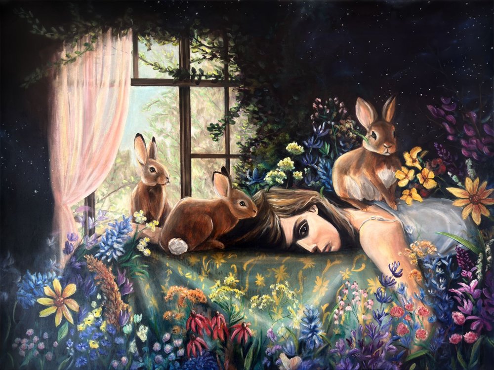 Sleeping Girl with Rabbits by Renee Machan Cottagecore Artist