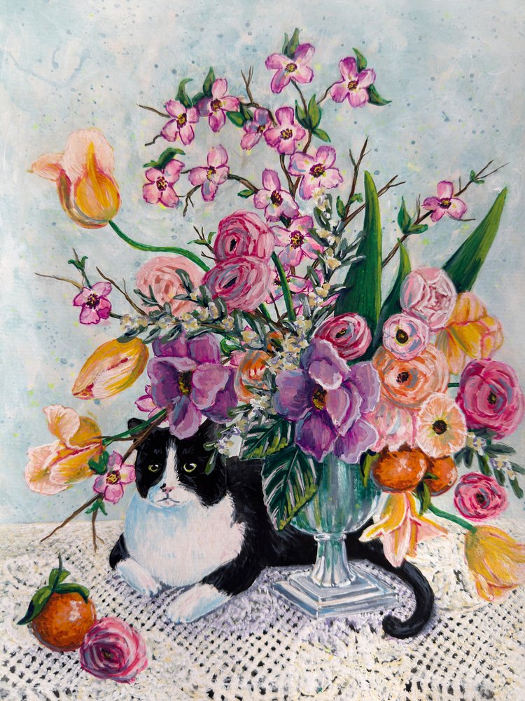Tuxedo Cat Spring Blooms by Renee Machan Cottagecore Artist