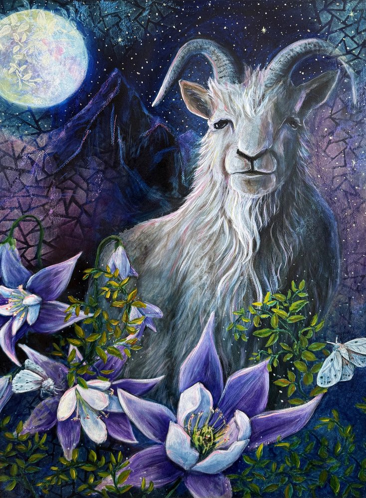 Capricorn Season Goat Full Moon and Columbine Flowers by Renee Machan Cottagecore Artist