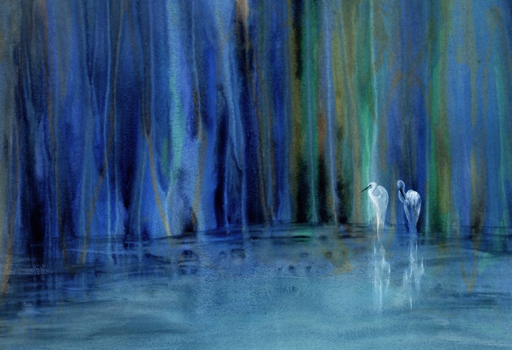 Serene Blue Forest Egrets by RodMacIver