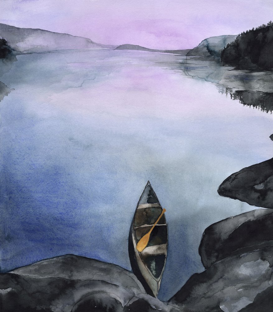 Serene Mountain Lake Canoe by RodMacIver