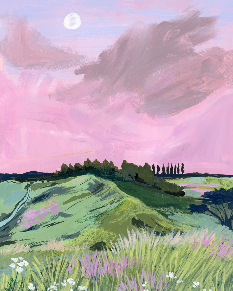 Pink Sky Over Rolling Hills by Sarah Gesek
