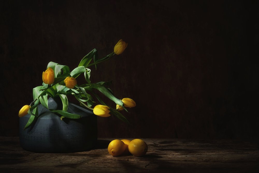 Moody Yellow Tulips Still Life by Saskia Dingemans