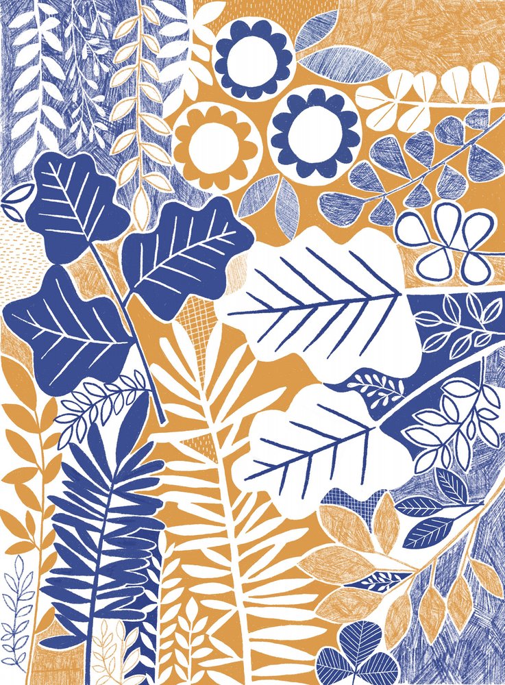 Stylized Blue Orange Leaves by Susan Black