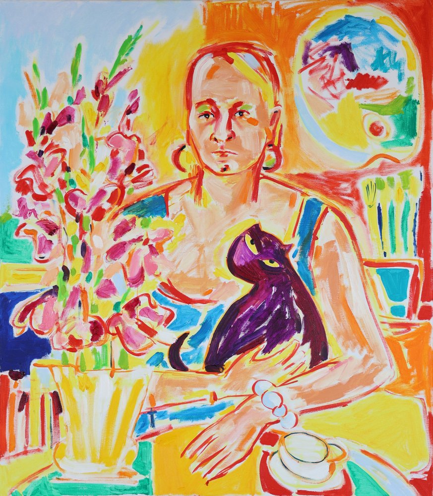 Self Portrait with a Violet Cat after Max Beckmann by Tamara Jare
