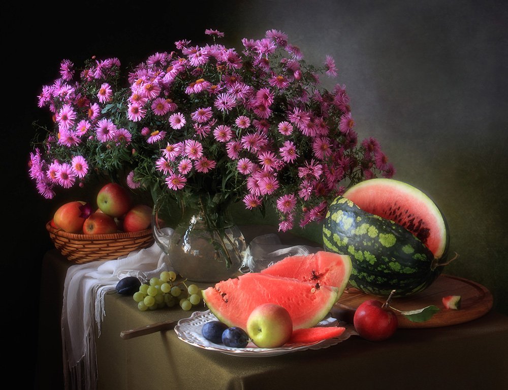 Aster Flowers and Fruit by Tatyana Skorokhod