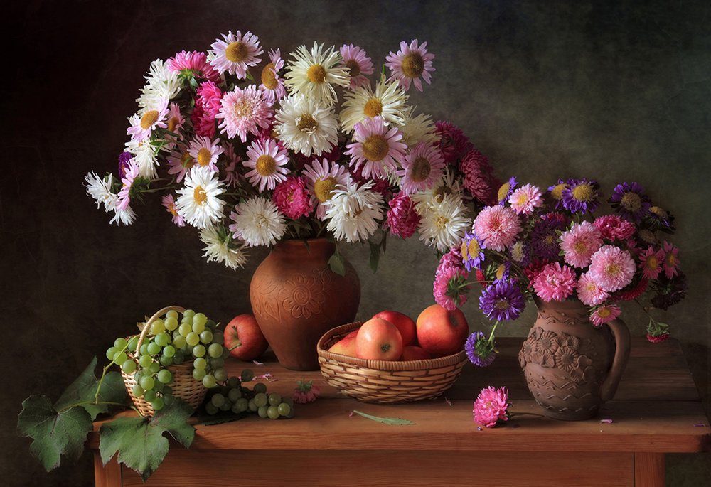 Colorful Asters and Fruit by Tatyana Skorokhod
