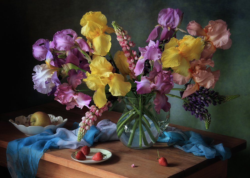 Fresh Irises and Fruit by Tatyana Skorokhod