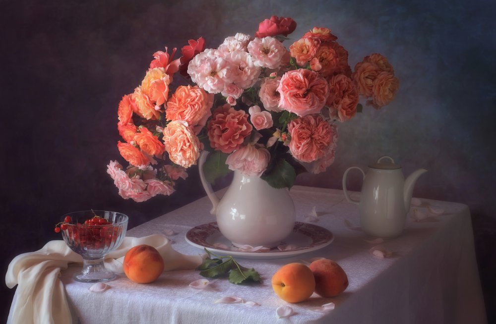 Peaches and Garden Roses by Tatyana Skorokhod
