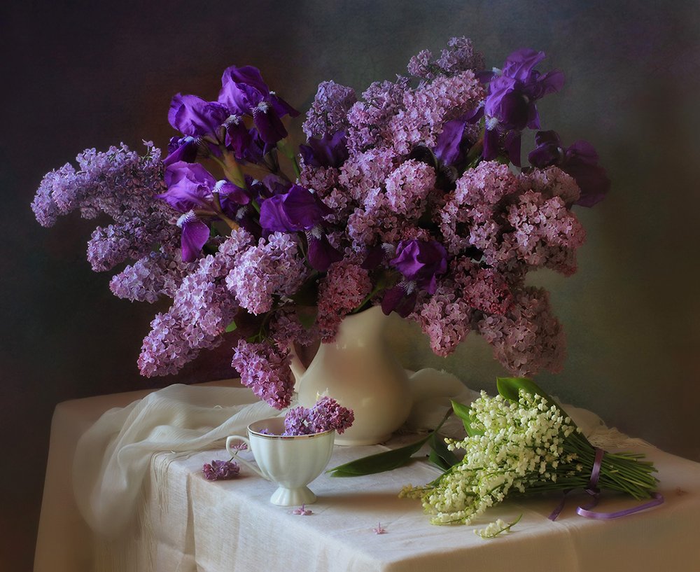Purple Lilacs Irises Still Life by Tatyana Skorokhod