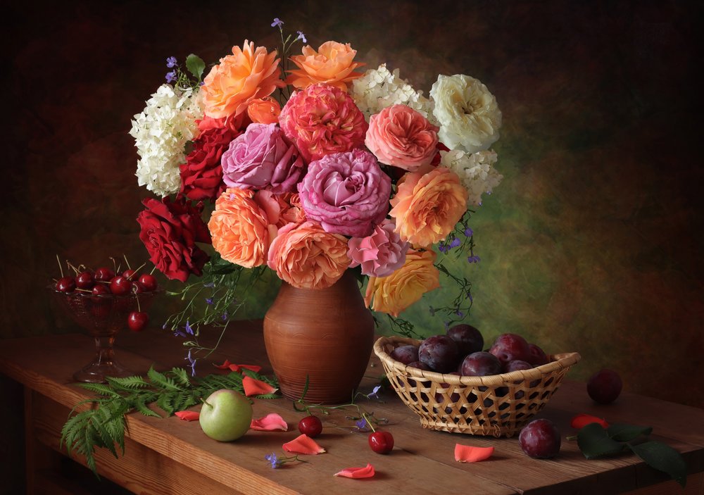 Vibrant Roses and Fresh Fruit by Tatyana Skorokhod