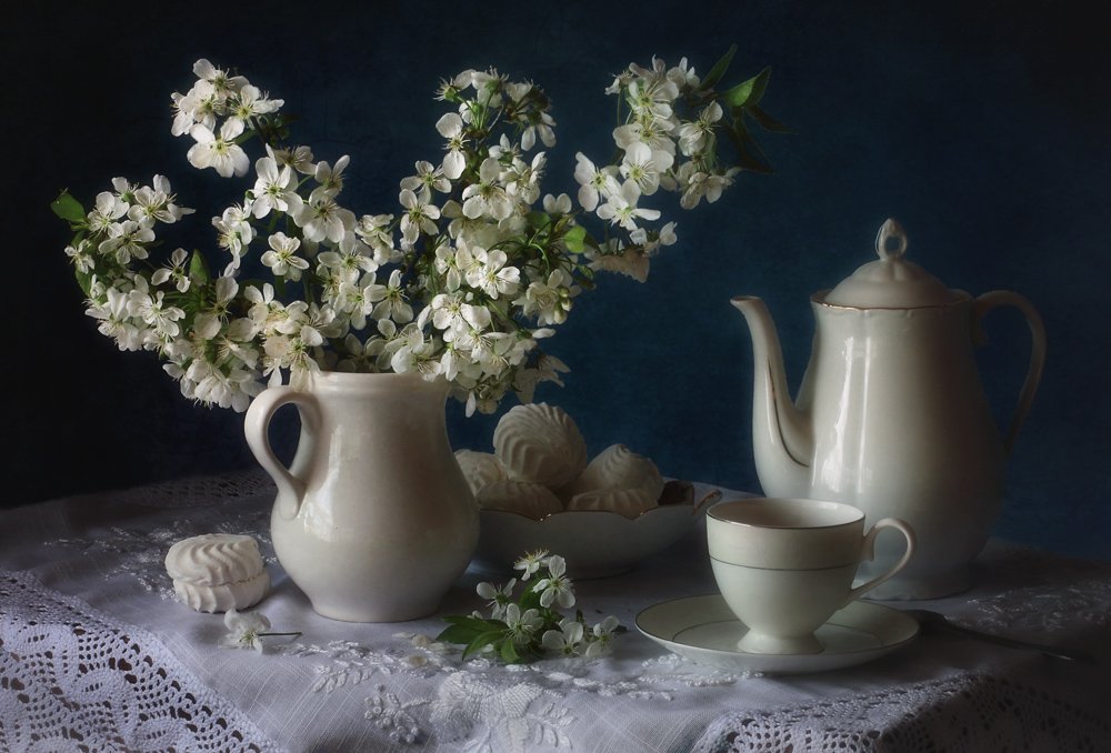 White Blossoms Tea Time by Tatyana Skorokhod