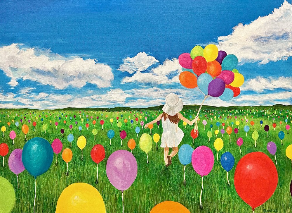 Joyful Girl Balloon Field by Tom Blood