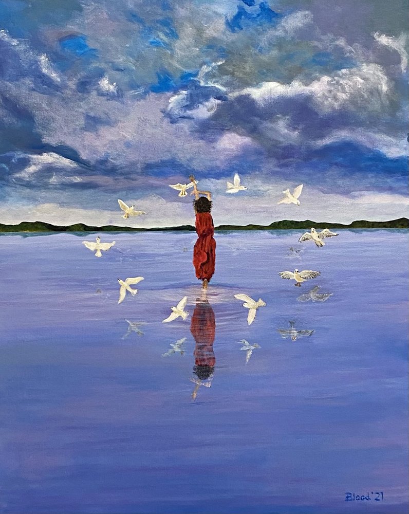 Woman and Flying Birds by Tom Blood