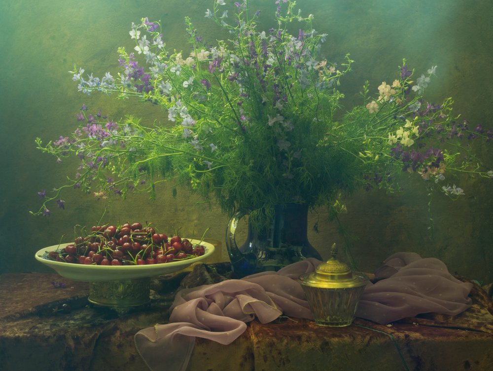 Dark Floral Cherry Still Life by UstinaGreen