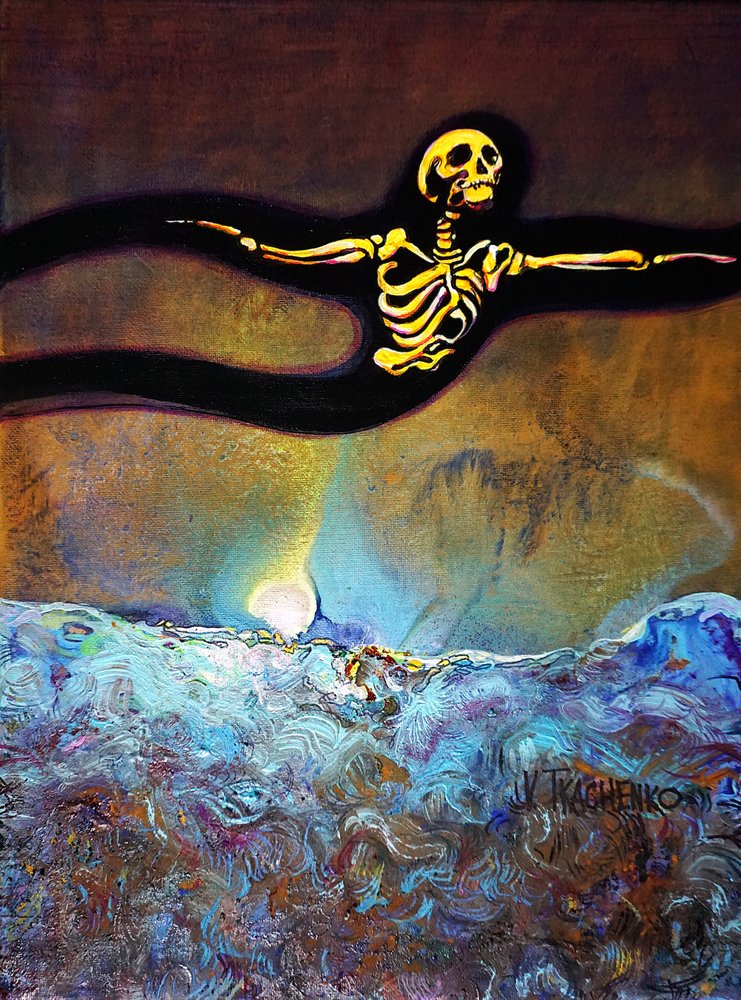Glowing Skeleton Over Waves by Victor Tkachenko
