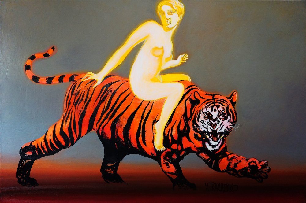 Glowing Woman on Tiger by Victor Tkachenko