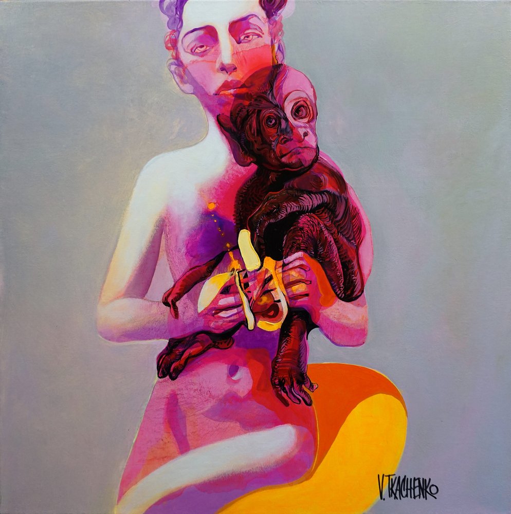 Nude Woman Holding Monkey by Victor Tkachenko