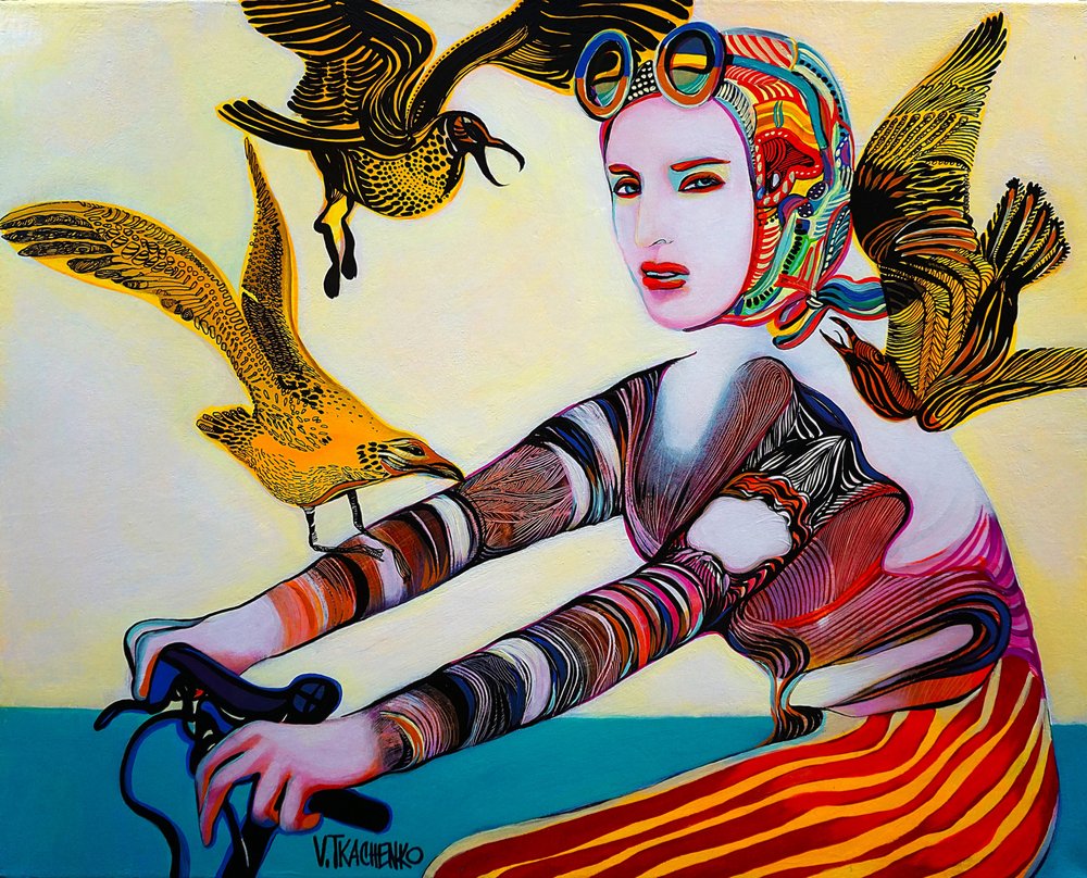 Vibrant Cyclist and Birds by Victor Tkachenko