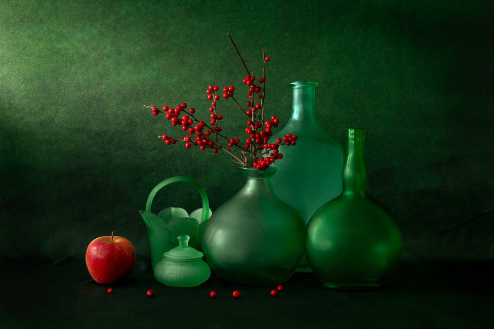 Green Bottles Red Berries by Wendy Xu