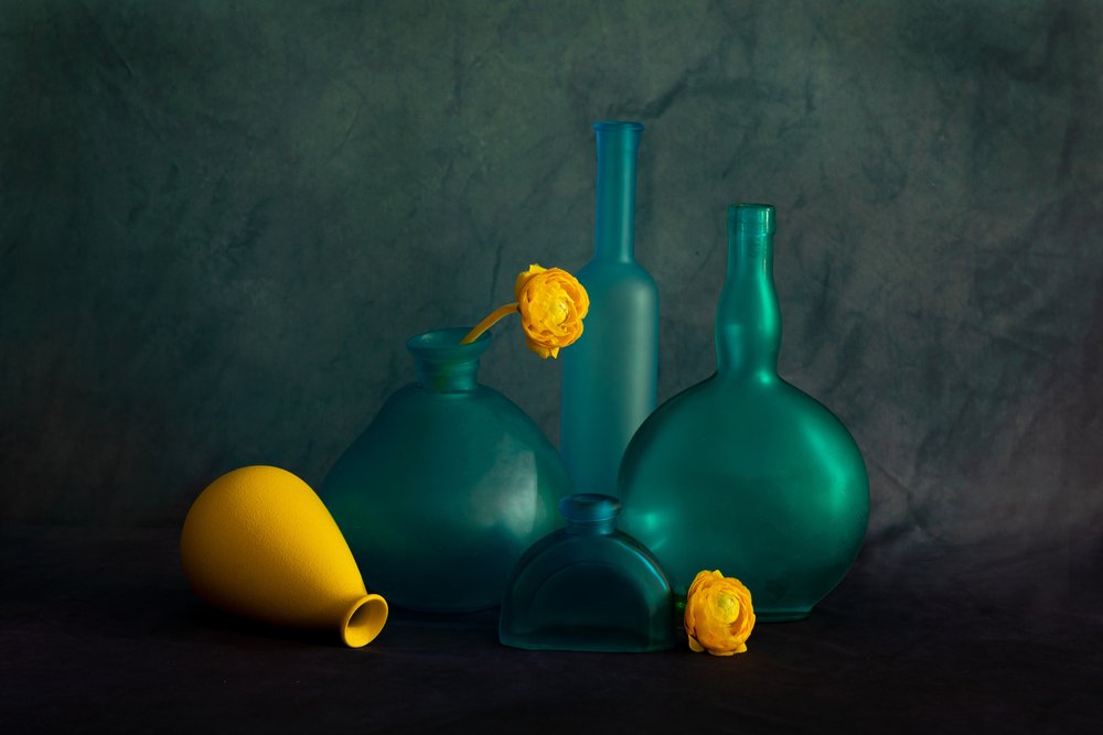 Teal Bottles Yellow Flowers by Wendy Xu