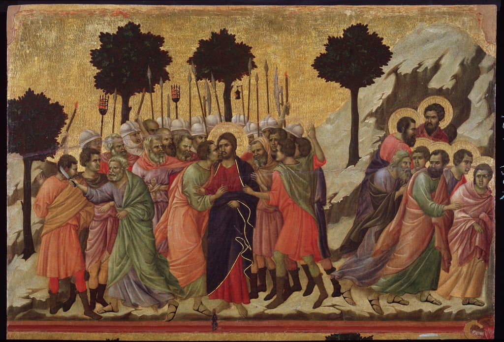 The kiss of Judas and the capture of Jesus. Maesta altarpiece (tempera on  wood