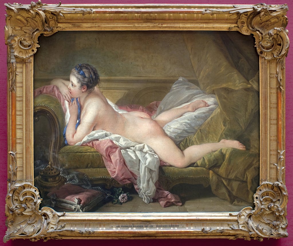 Young girl lying down (portrait of Marie Louise O Murphy). Naked on a sofa  or the blonde odalisque. (Marie-Louise O'Murphy). Painting by Francois  Boucher (1703-1770), Oil on canvas. 0.59 x 0.73 m.
