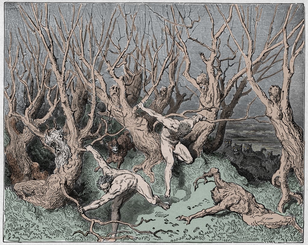 Inferno, Canto 29 : The falsifiers and forgers tormented with itching,  illustration from The Divine Comedy by Dante Alighieri, 1885 (digitally  coloured engraving)