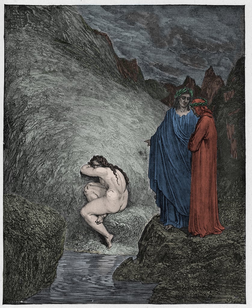 Inferno, Canto 29 : The falsifiers and forgers tormented with itching,  illustration from The Divine Comedy by Dante Alighieri, 1885 (digitally  coloured engraving)
