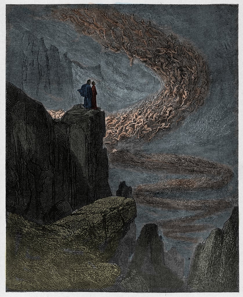 Inferno, Canto 29 : The falsifiers and forgers tormented with itching,  illustration from The Divine Comedy by Dante Alighieri, 1885 (digitally  coloured engraving)