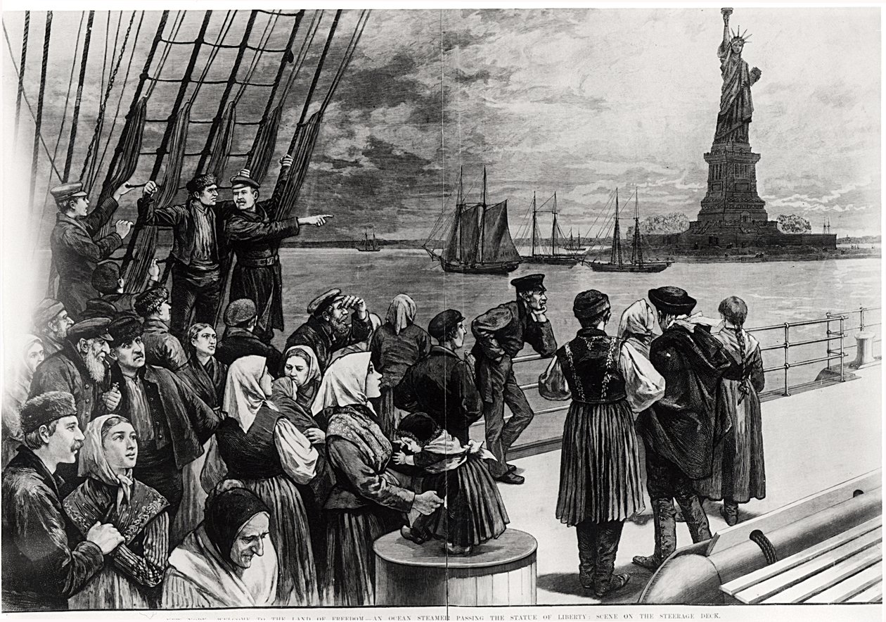 New York - Welcome to the land of freedom - An ocean steamer passing the Statue of Liberty - scene on the steerage deck, illustration from 
