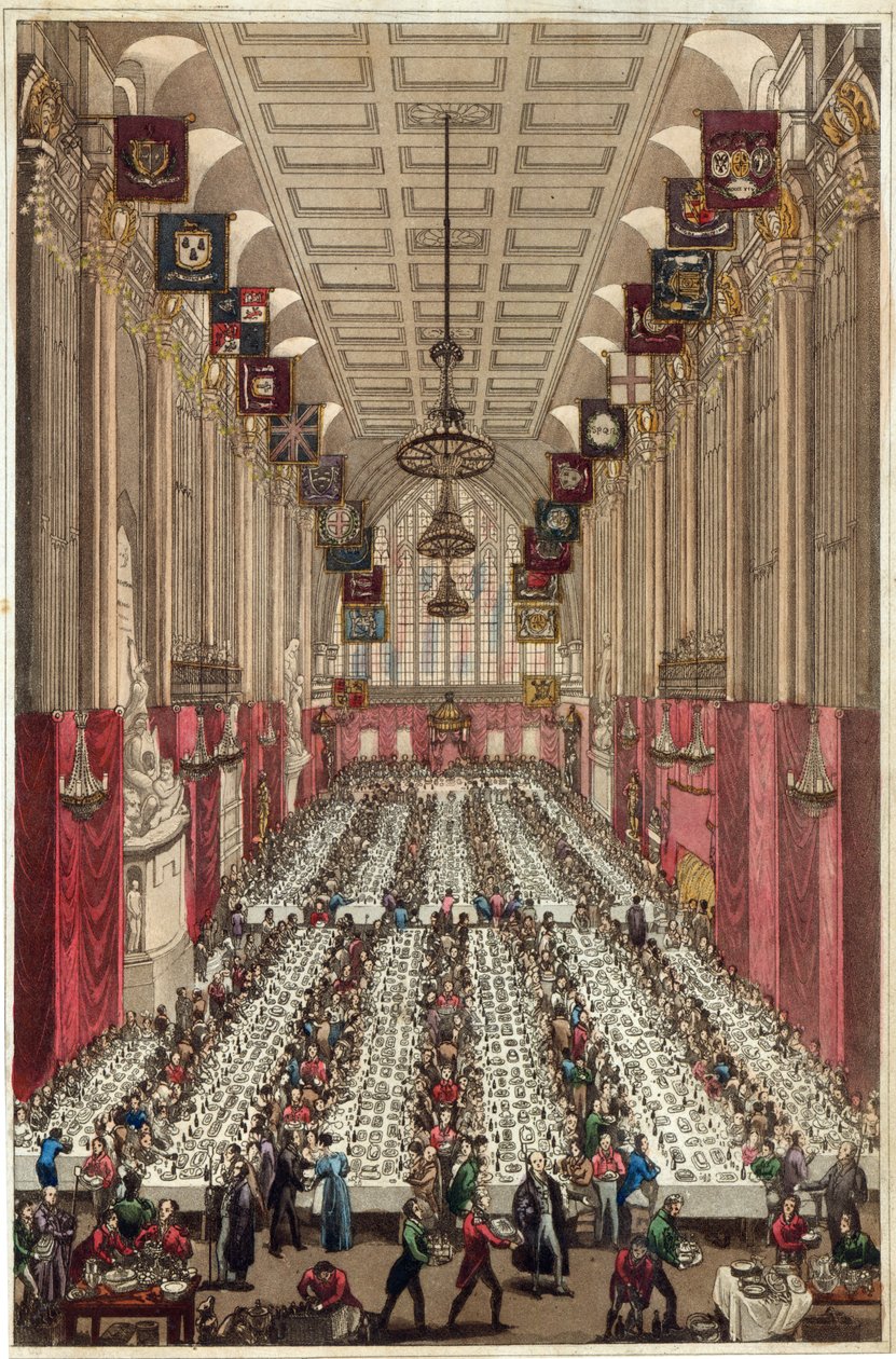 Representation of the Interior of Guildhall on the Occasion of the Visit of the King and Queen, at the Inauguration Dinner of Ald. Key to the Mayorality of London by English School