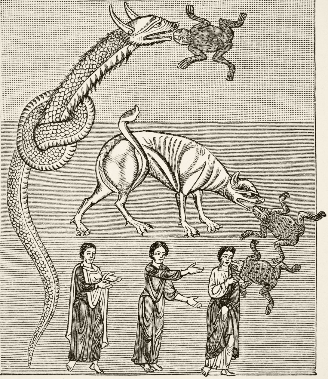 The serpent, or the dragon, and the behemoth, or the devil, after a miniature in a 12th century manuscript of the 