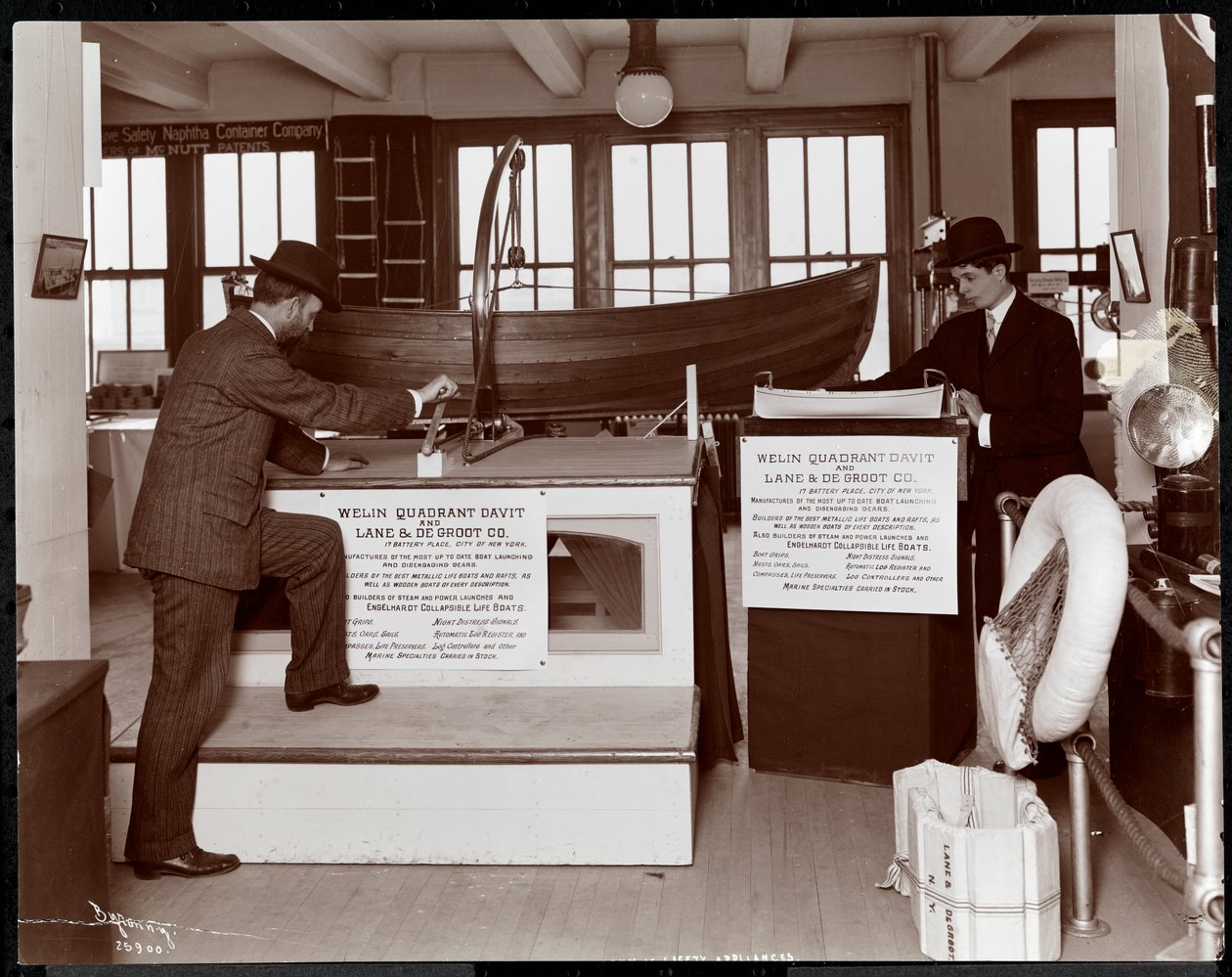 Exhibit of life boats by the Welin Quadrant Davit Co. and Lane und De Groot Co. at the Museum of Safety Appliances of the American Institute of Social Service, New York, 1908 by Byron Company